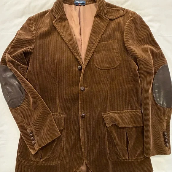 Polo Ralph Lauren Brown Corduroy Jacket w/Leather Elbow Patches, 44L, Great Cond